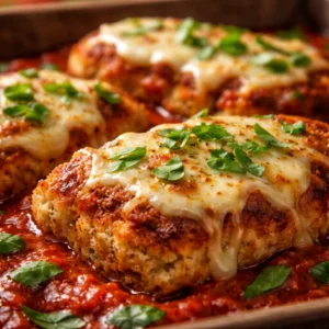 Delicious Ground Chicken Parmesan served over pasta with melted cheese and marinara