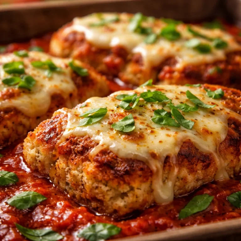 Delicious Ground Chicken Parmesan served over pasta with melted cheese and marinara