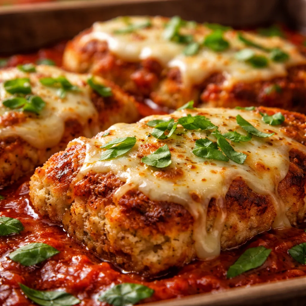 Delicious Ground Chicken Parmesan served over pasta with melted cheese and marinara