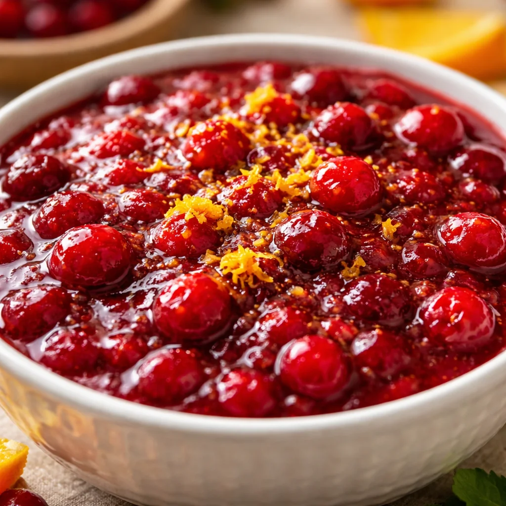 Homemade fresh cranberry orange sauce served in a bowl with orange slices.