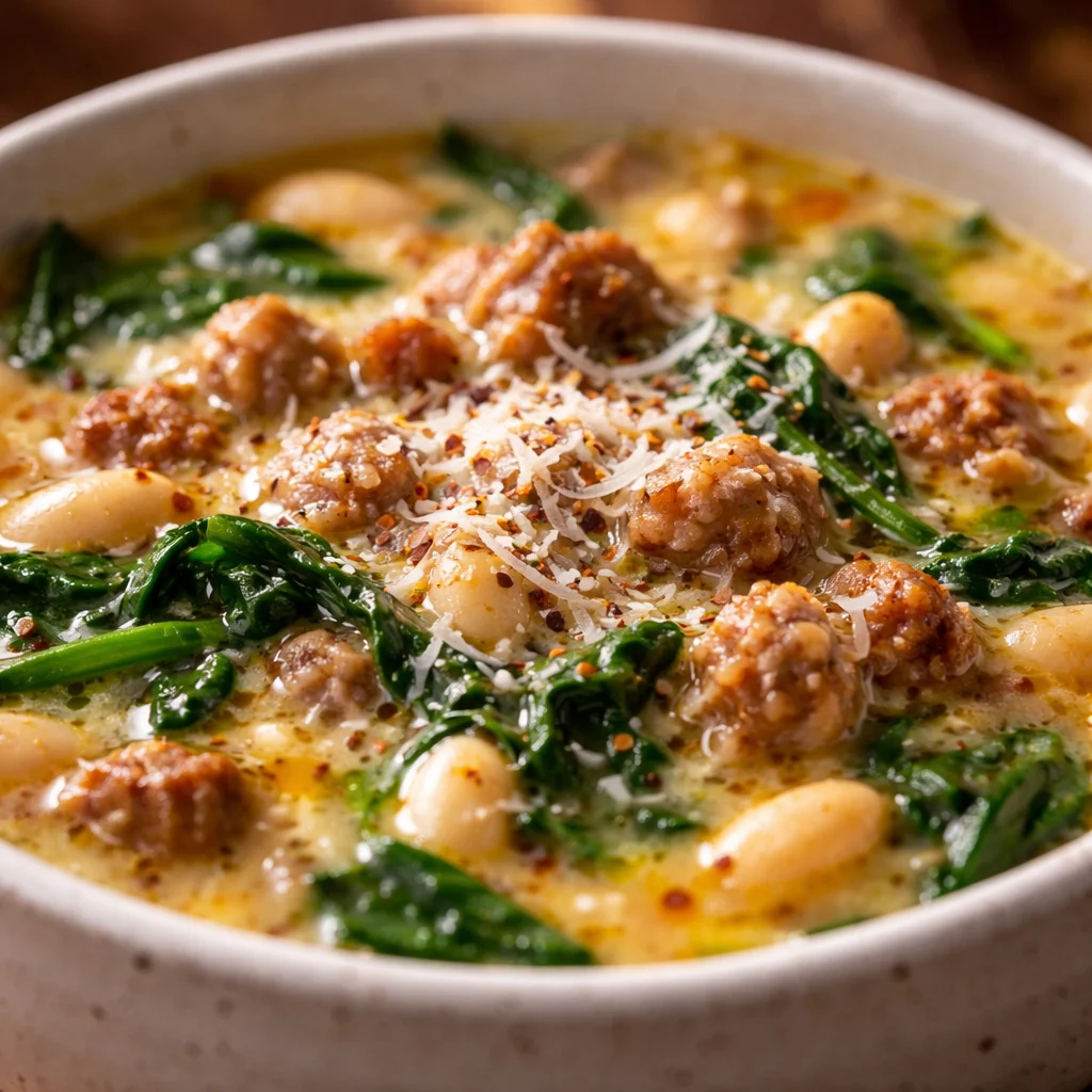 Bowl of Italian Sausage White Bean Soup with fresh greens and hearty ingredients