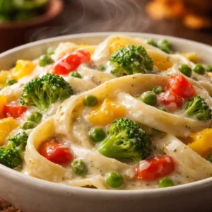 Creamy white sauce pasta with mixed vegetables in a rich sauce.